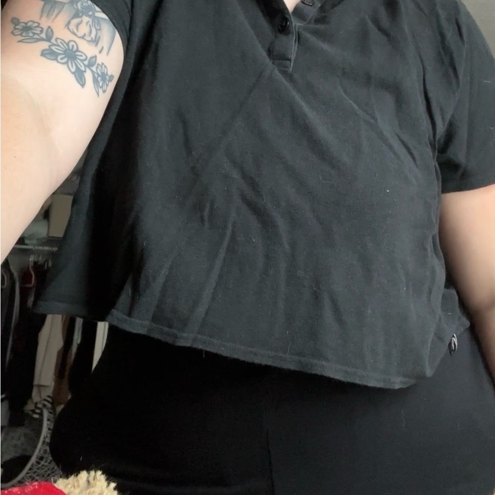 Black Cropped Button Polo